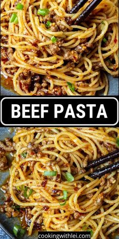 beef pasta in a pan with chopsticks on top and the words beef pasta above it