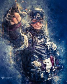 a man dressed as captain america pointing at the camera with his hand in the air