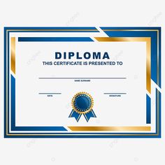 a diploma certificate with blue and gold stripes on the front, it is blank to be used