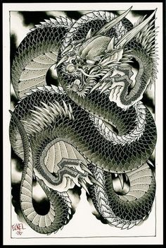 a black and white drawing of a dragon