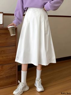 Katykey - Stylish and Versatile Solid Smocked A-Line Swing Skirt for Womens Spring & Summer Wardrobe Casual White Knee-length Pleated Skirt, Spring Summer Wardrobe, Spring Skirts, Summer Wardrobe, Types Of Printing, Smocking, Women's Clothing, A Line, Weaving