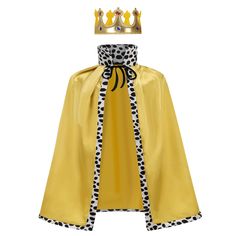 a yellow cape with black and white polka dots on the collar, hood, and crown