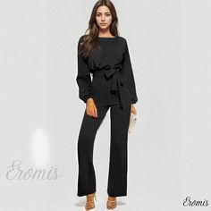 Eromis - Minimalist One-Piece Jumpsuit for Casual Wear - Solid Color, Long Sleeves, Belted, Wide-Leg Trousers Plus Jumpsuit, Black Wide Leg Trousers, Sequin Jumpsuit