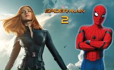 the spider - man and black widow are standing next to each other in front of a cloudy sky