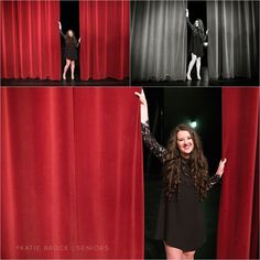 a woman standing in front of a red curtain with her hands up and arms out