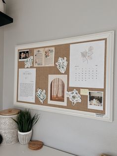 a cork board with pictures and magnets on it next to a potted plant