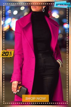 Urban Plain Lapel Collar Long Sleeve Overcoat Color Fuchsia, Lapel Collar, Shop Now, Collar, Long Sleeve, Best Deals, Color