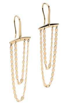 Layered chains swing and sway as you move in these 14-karat-gold drop earrings. 2 1/4" drop; 3/4" width Fishhook clasp Clear rubber backs included for stability 14k gold Imported Elegant Dangle Double Chain Jewelry, Elegant Chain Earrings For Evening, Elegant Chain Earrings For Formal Occasions, Elegant Evening Earrings With Chain Detail, Yellow Gold Linear Earrings For Formal Occasions, Elegant Formal Earrings With Chain Detail, Formal Yellow Gold Linear Earrings With Adjustable Chain, Formal Dangle Earrings With Adjustable Chain, Yellow Gold Dangle Earrings With Chain