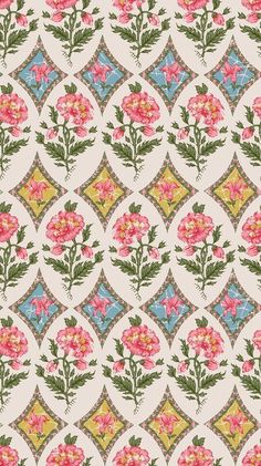 an old fashioned wallpaper with pink flowers and green leaves on the bottom half of it