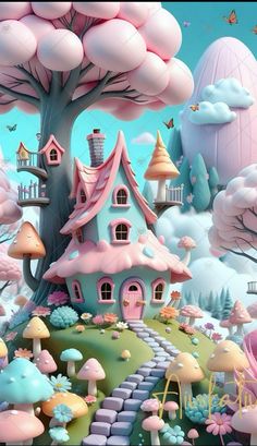 a painting of a pink house surrounded by trees