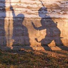 the shadow of a person holding a baseball bat in front of a brick wall and grass