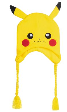 a beanie hat with a pikachu face on the front and red eyes