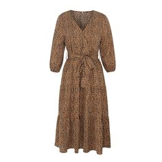 Brown Leopard Print V Neck Long Sleeve Dress Fall Brunch Belted Maxi Dress, Winter Vacation V-neck Dresses, Winter Vacation Dresses With V-neck, Fall Belted Maxi Dress For Day Out, Fall Day Out Belted Maxi Dress, Fall Maxi Dress With Belt For Day Out, Fall Maxi Dress For Day Out With Belt, Fall Belted Dress For Vacation, Fall Vacation Belted Dresses