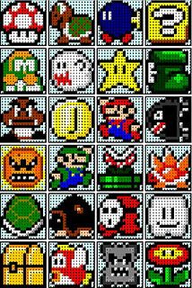 the video game characters are depicted in pixel art