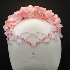 Handmade crystal ballet headpiece in pink and crystal.  Made with Preciosa crystal beads for maximum sparkle!   Two separate pieces allows for flexibility - wear the flowers in front or behind hair bun, or wear the beaded headpiece alone! Can be created in multiple colors (see photo for examples).  Featured headpiece is in Pink with Pink Flowers and Crystal accents. Length of front headpiece from end to end is approximately 16 inches (40 cm).  Length of flower portion is 6.5 inches (14 cm).  Inc Awakening Of Flora, Flower Crown Ideas, Ballet Crowns, Fairy Headpiece, Ballet Headpieces, Beaded Headpiece, Pretty Jewelry Necklaces, Dragon Earrings, Headpiece Jewelry