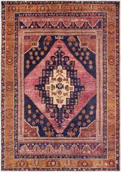 an antique rug with various colors and patterns