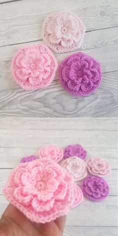 crochet flower appliques are shown in pink, purple and white colors