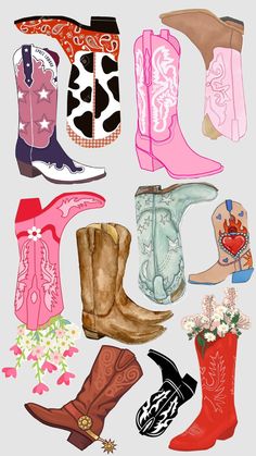 several different types of cowboy boots with flowers