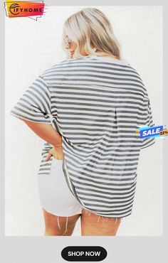 Plus Size Striped Short Sleeve Henley Tee Gray Summer Tops For Day Out, Oversized Gray Tops For Summer, Oversized Gray Summer Top, Spring Striped Tops With Shirttail Hem, Striped Crew Neck Top For Day Out, Oversized Striped Short Sleeve Blouse, Striped Relaxed Fit V-neck Tops, Striped Top With Shirttail Hem For Summer, Striped Oversized Top For Day Out