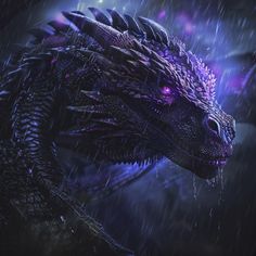 a close up of a dragon in the rain with purple lights on it's head