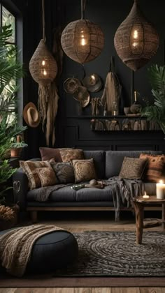 a living room filled with furniture and lots of hanging lights on the wall next to potted plants