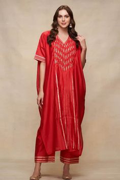 Red chanderi pleated kaftan with gota embroidered sleeve hem. - Aza Fashions Red Straight Kurta Kaftan For Festivals, Festive Red Kaftan With Resham Embroidery, Traditional Red Kaftan Straight Kurta, Red Dabka Work Kaftan For Eid, Festive Red Kaftan With Dabka Work, Navratri Red Kaftan With Dabka Work, Red Dabka Work Kaftan For Navratri, Traditional Red Kaftan With Dupatta, Red Dabka Kaftan For Diwali