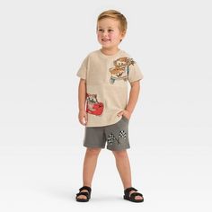 Casual Short Sleeve Sets For Playdate, Car Outfit, Disney Fits, Cars Lightning Mcqueen, Top And Bottom Set, Beige T Shirts, Suspenders Set, Terry Shorts, Disney Kids