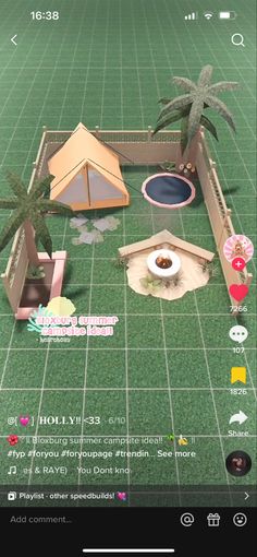 an animated screen shot of a small house with palm trees and other items on the ground