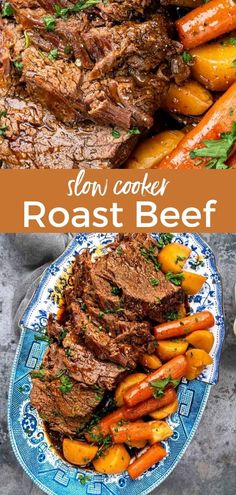 beef roast with carrots and potatoes on a blue and white plate next to the recipe