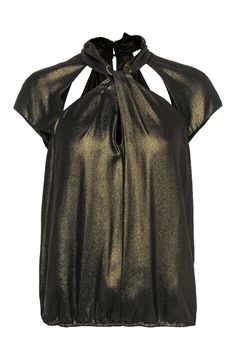 Current Boutique-BCBG Max Azria - Gold Cap Sleeve Top w/ Cutouts Sz M Elegant Metallic Stretch Top, Chic Shimmer Stretch Tops, Metallic Stretch Elegant Tops, Chic Fitted Shiny Tops, Fitted Shiny Chic Tops, Glamorous Evening Tops With Sheen, Glamorous Sheen Tops For Evening, Chic Metallic Tops For Party Season, Gold Sheen Tops For Night Out