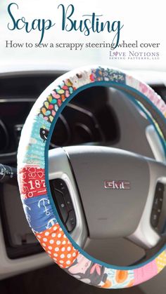 the steering wheel cover is decorated with colorful fabric