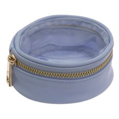 Take your essentials on the go in a stylish, personalized accessory! Blue Round Pouch features a pleasant pastel baby blue color that can be embellished with your very own custom vinyl designs. The top of it is clear, allowing you to see the contents when you're searching for something in a hurry. Its eye-catching metallic gold zipper opens to reveal a spacious interior that can hold everything from cosmetics and fashion accessories to art supplies and more! Details: 	 Length: 4 5/16" 	 Width: 4 Round Pouch, Hobby Lobby Store, Beach Items, Baby Blue Colour, Diy Projects Videos, Cosmetic Containers, Art Trends, Mint Color, Gold Zipper