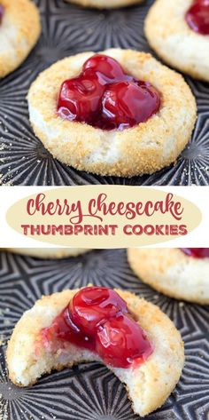 cherry cheesecake thumbprint cookies with a bite taken out of one cookie and the rest on the other