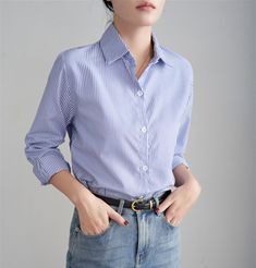 Blue Striped Shirt For Women Loose Spring Autumn Casual Long Sleeves Shirt Fashion Clothes For Blue Relaxed Fit Office Tops, Blue Relaxed Fit Top For Office, Ladies Office, Blue Striped Shirt, Casual Long Sleeve Shirts, Autumn Casual, Striped Fabrics, Shirt For Women, Office Lady