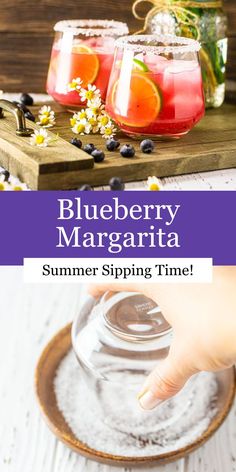 blueberry margarita in mason jars with text overlay that reads, summer sipping time