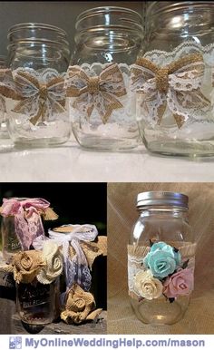 there are several different pictures of mason jars with flowers in them and ribbons tied to the lids