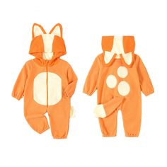 two baby onesuits in orange and white with an animal face on the front