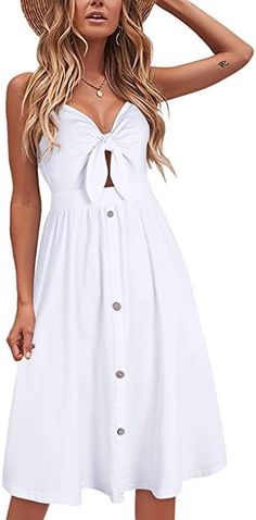 VOTEPRETTY Womens Summer Floral Sundress V Neck Tie Front Spaghetti Strap Dresses with Pockets Hawaiian Fashion Woman, Spaghetti Strap Summer Dress, Hawaiian Fashion, Sundresses Women, Dresses With Pockets, White Sundress, Summer Sundress, Hawaiian Beach, Floral Sundress