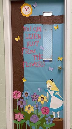 Alice in Wonderland, Spring, Disney, classroom door decoration Disney School Door Decorations, Classroom Door Disney, Alice In Wonderland Classroom Door, Fairy Classroom Theme, Alice In Wonderland Door Decoration, Wonderland Classroom Theme, Alice In Wonderland Bulletin Board, Alice In Wonderland Classroom Theme, Disney Door Decorations Classroom