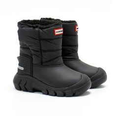 These handcrafted, vegan Hunter Toddlers Intrepid Insulated Snow Boots are perfect for snowy days. Designed with recycled nylon upper and keep feet dry in wet weather thanks to its waterproof construction. Can be worn in temperatures as low as -20C. Features a hook and loop closure for easy entry. Reflective patches make your little one more visible. Size: 8.  Color: Black.  Gender: unisex.  Age Group: toddler. Kids Snow Outfits, Snow Outfits, Snow Boots Black, Girls Snow Boots, Insulated Boots, Warm Snow Boots, Wellies Boots, Snow Outfit, Toddler Boots