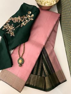 Dusty Pink Saree, Green Colour Combo, Bottle Green Blouse, Baby Pink Saree, Saree Color Combinations, Cotton Saree Blouse Designs, Cotton Saree Blouse, Half Saree Designs