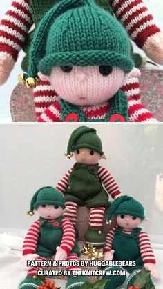 two different pictures of stuffed animals in knitted hats and green pants, one with red stripes