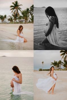 a woman in white dress sitting on beach next to water and palm trees with her arms around her body