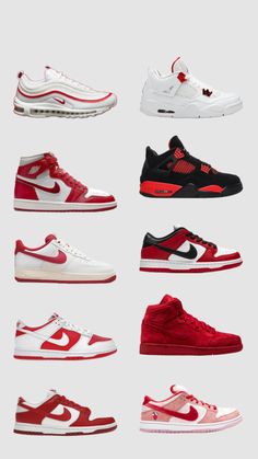 the nike air jordans are all in different colors and sizes, including red, white,