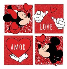 mickey and minnie mouses with hearts in the shape of their hands, saying love