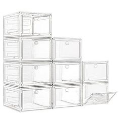 six clear drawers stacked on top of each other