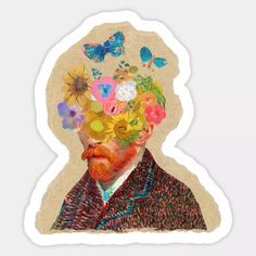 a painting of a man with flowers in his hair and butterflies on his head is shown