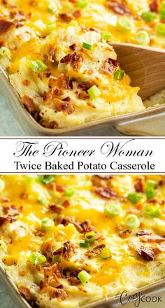 the baked potato casserole is topped with bacon and green onions