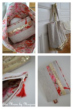 four different images of purses with gold trimming and red flowers on the inside