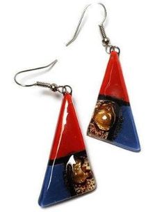 Red, Blue, and Brown Triangles... NEW COLORS Made of recycled glass that is cut, painted and fired in a kiln to fuse. Each bead is one of a kind. Fun colors. Easy to wear! The glass bead is about 1.25 inches long, and aprox 0.65 inches wide. The earring from the hook to the bottom of the glass is aprox 2 inches long Sterling silver fish hook wires. All the earrings come with rubber back stoppers. Please like my Facebook page www.facebook/recycledglassjewelry **All the pieces are handmade and fus Fused Glass Jewelry Dichroic, Silver Fish, Fused Glass Jewelry, Brown And Blue, Long Drop Earrings, Blue And Brown, Triangle Earrings, Eco Friendly Fashion, Earrings Long